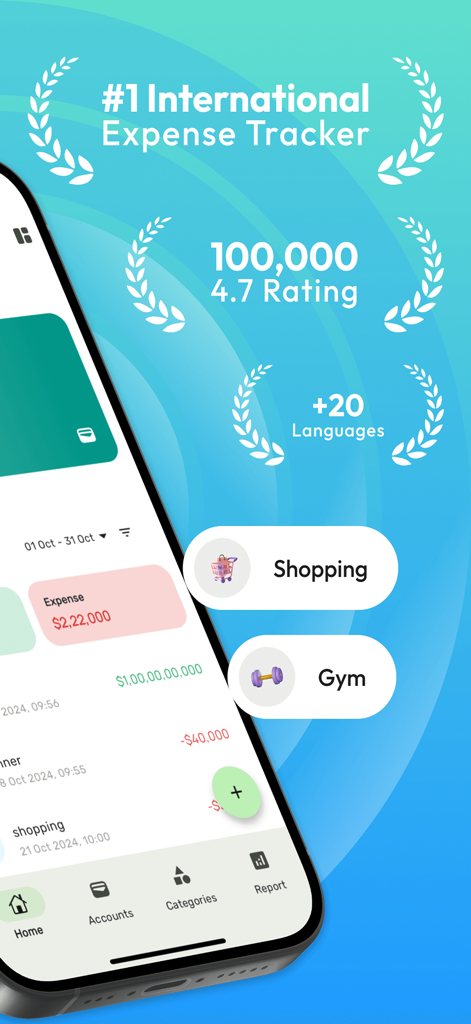 A promotional screen for the Money Manager app highlighting its high ratings and various expense categories like shopping and gym.