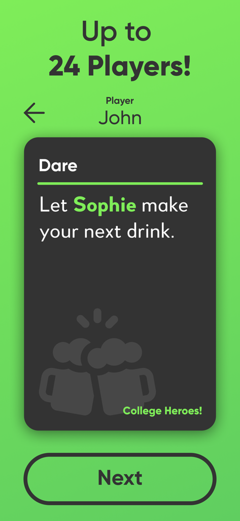 Truth Or Drink Dirty Questions - Écran de jeu Action ou Vérité montrant une carte défi pour jusqu'à 24 joueurs
