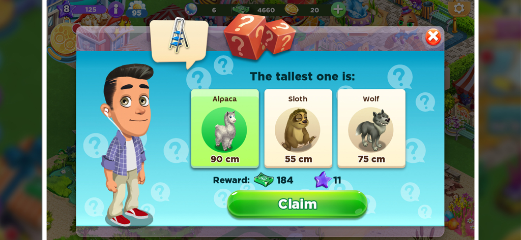 An in-game trivia mini-game in Zoo Craft where a player correctly identifies an alpaca as the tallest animal among a sloth and a wolf to claim rewards.