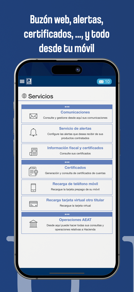 e-pueyo - Menú de servicios de la app de banca móvil e-pueyo mostrando varias opciones financieras