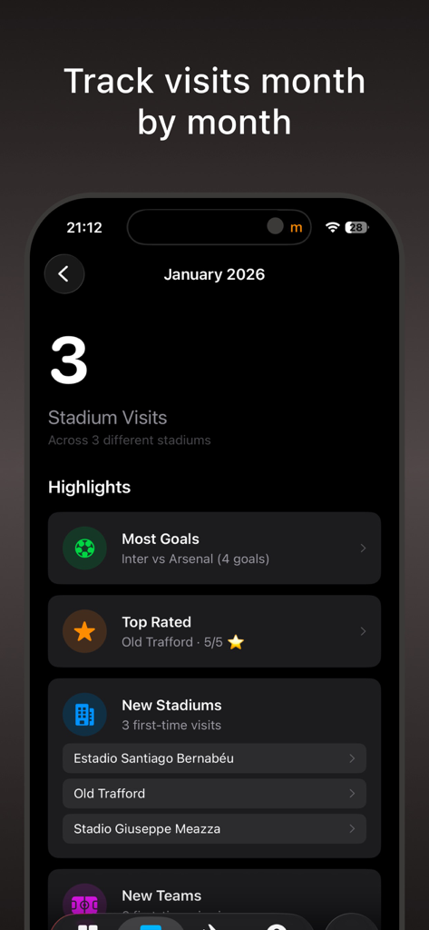Ground Hopper Stadium Passport - Monthly summary of stadium visits and match highlights in the Ground Hopper app