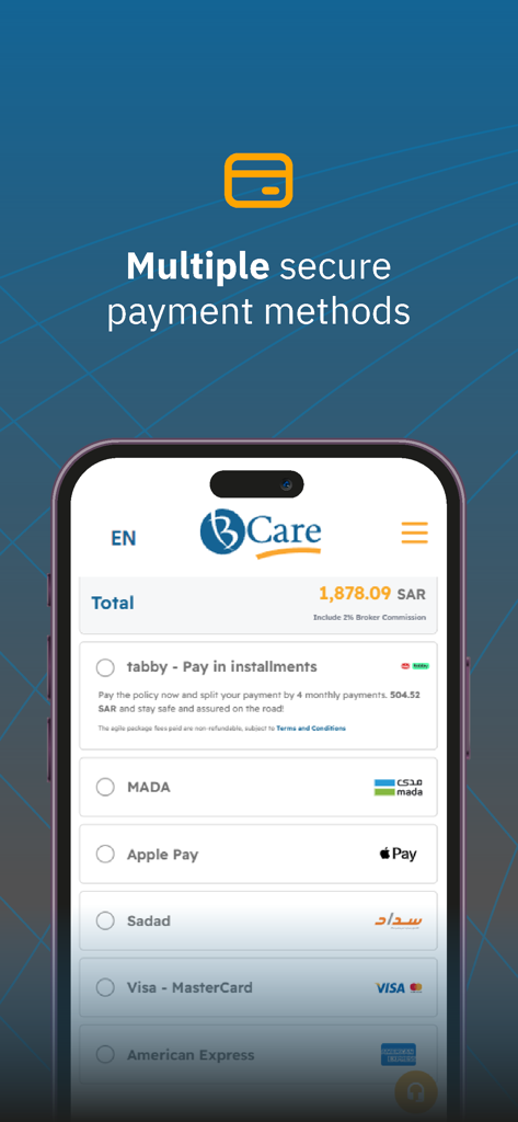 BCare mobile app screen showing multiple secure payment methods including Apple Pay and credit cards for insurance policy purchase