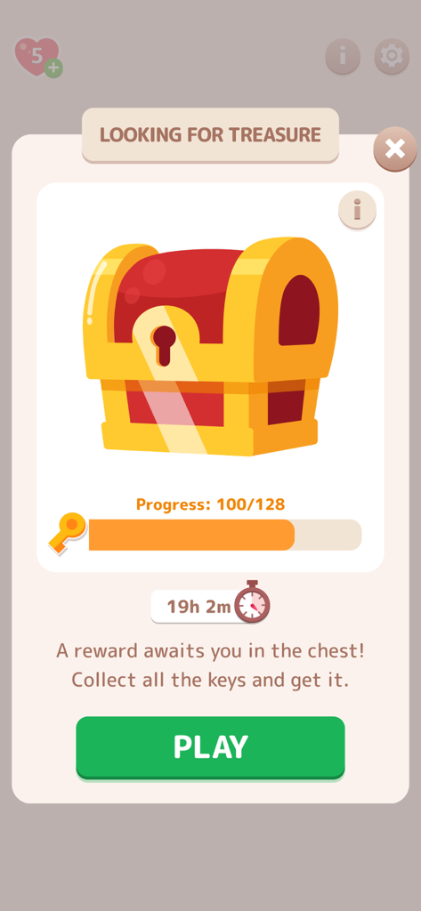 Cryptogram: Word Puzzles Games - Treasure chest reward screen showing progress and a timer in the Cryptogram app