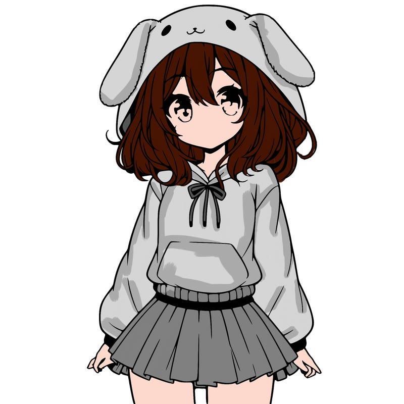 pretty anime girl wearing a fluffy hoodie with bunny ears on the hood and a skirt