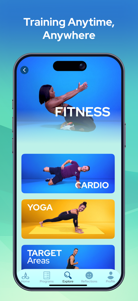 Mobile app interface of Innergy showing workout categories for fitness cardio and yoga