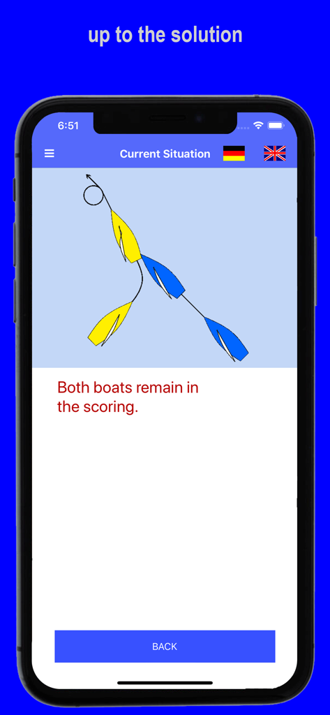 Protest 앱의 스크린샷으로 요트 규칙 결정과 전술 보트 다이어그램을 표시합니다.