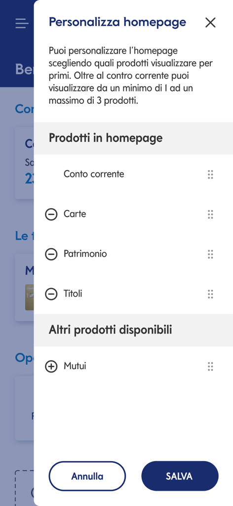 Mediolanum - Un'interfaccia mobile per l'app Banca Mediolanum che mostra la funzionalità di personalizzazione della home page in cui gli utenti possono riordinare prodotti finanziari come conti e carte.