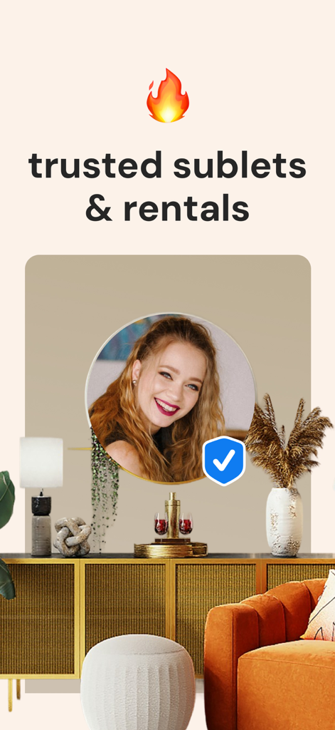 snag sublets - Snag Sublets app screen displaying trusted rentals and a verified user profile with a modern apartment interior.