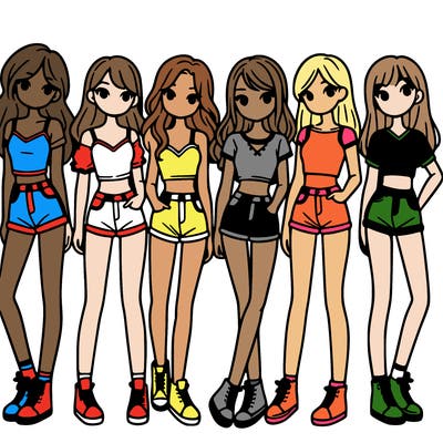 a group of girls wearing crop tops and shorts