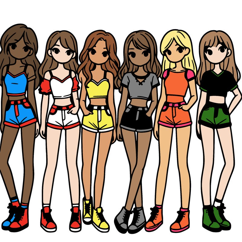 a group of girls wearing crop tops and shorts