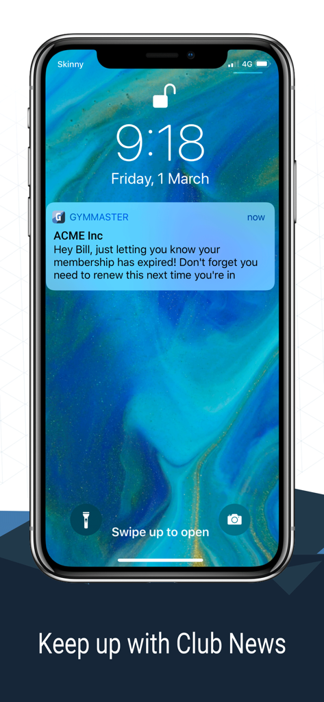 iPhone lock screen showing a gym membership expiry notification from GymMaster app