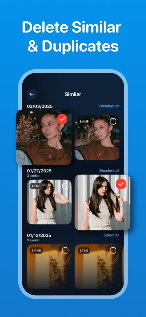App screen showing how to select and delete similar and duplicate photos to free up storage space.