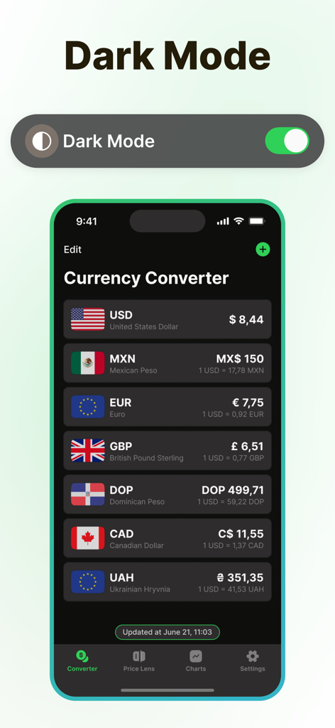 Currency Converter – Moneta - Moneta-App-Oberfläche im Dunkelmodus, die mehrere globale Wechselkurse auf einem iPhone anzeigt