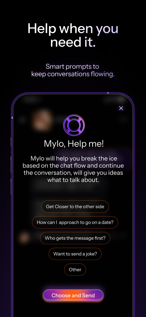 Schermata dell'app di incontri Mylo AI che mostra suggerimenti intelligenti per l'aiuto alla conversazione.
