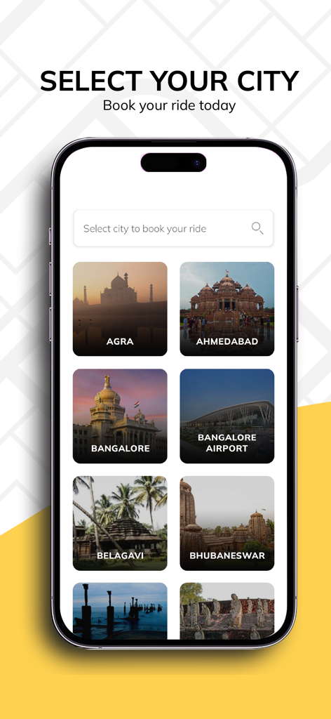 Royal Brothers - Bike Rentals - Schermata dell'app mobile che mostra una selezione di città indiane tra cui Agra e Bangalore per le prenotazioni di noleggio moto