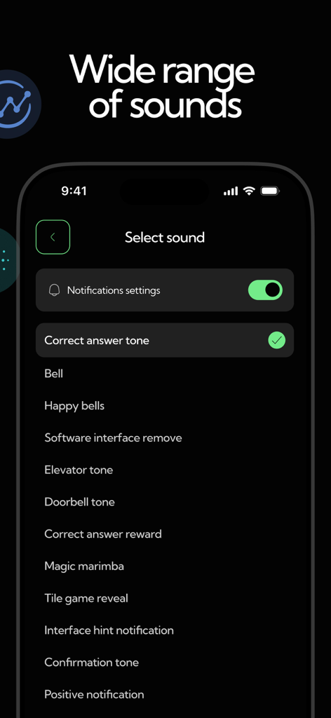 Crypto Buzzer - Una pantalla en la aplicación Crypto Buzzer que muestra una variedad de sonidos de notificación personalizables para alertas de precios.