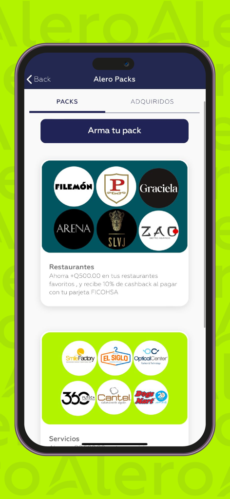 Interface de l'application Alero affichant des packs de restaurants et de services avec les logos des marques partenaires