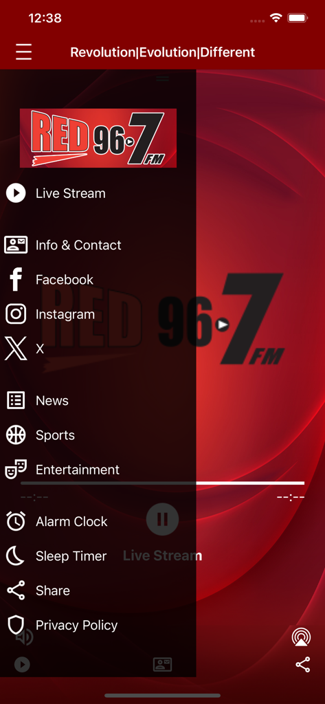RED 967FM - Main navigation menu of the RED 967FM radio mobile application