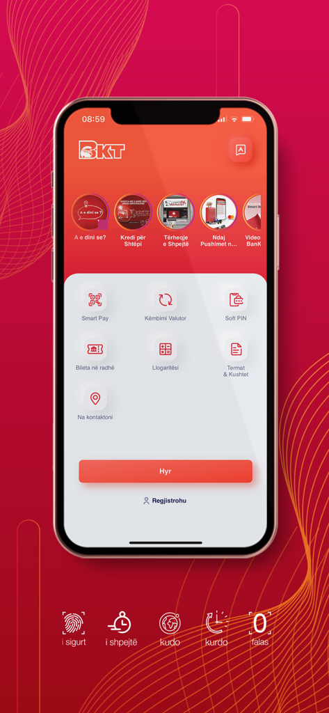 BKT Smart mobile banking login interface featuring quick access menu icons and secure login button
