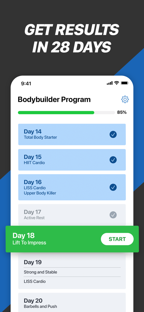 Fitness Buddy app screen showing a 28-day bodybuilder training program and workout schedule