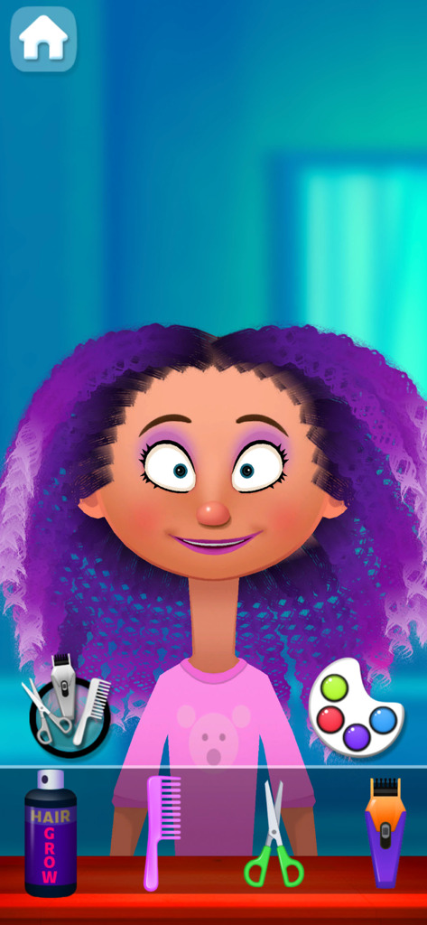 Hair Salon Star - hairdresser - Cartoon girl with purple hair in a virtual hair salon styling interface