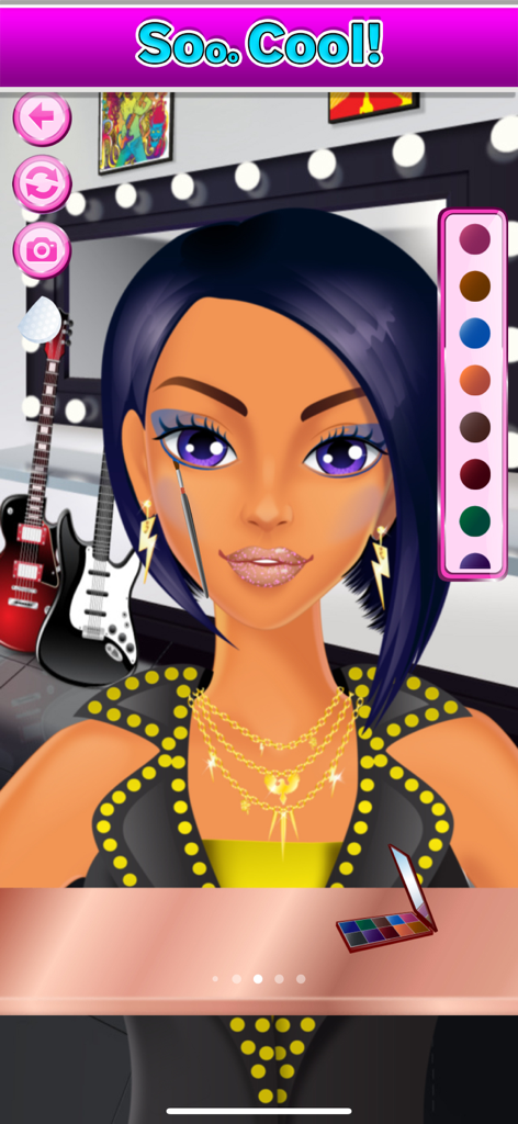 A rockstar girl with purple hair and gold necklaces receiving a makeup makeover in a fashion game