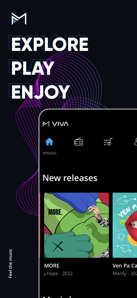 IMUSIC music streaming app interface showing the new releases section and promotional text.