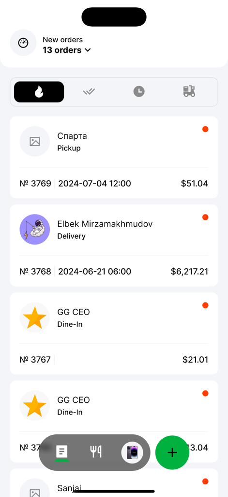GO Partner: Vendor App - GO Partner Vendor App dashboard showing a list of incoming customer orders with details for pickup delivery and dine-in