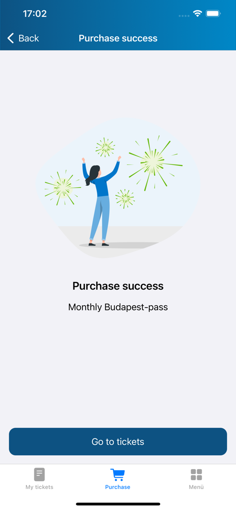Schermata di successo dell'acquisto per un abbonamento mensile di Budapest nell'app Mobiljegy