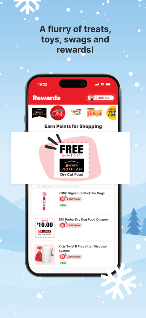 The myPurina app rewards screen showing pet food coupons and point redemption options for pet owners.