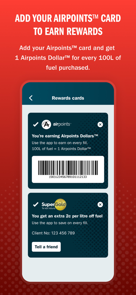 Caltex NZ app screen showing digital rewards cards for Airpoints and SuperGold with a barcode for scanning