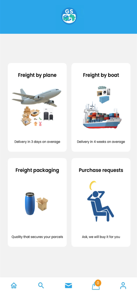 GS colis - GS colis app interface featuring plane and boat freight shipping options