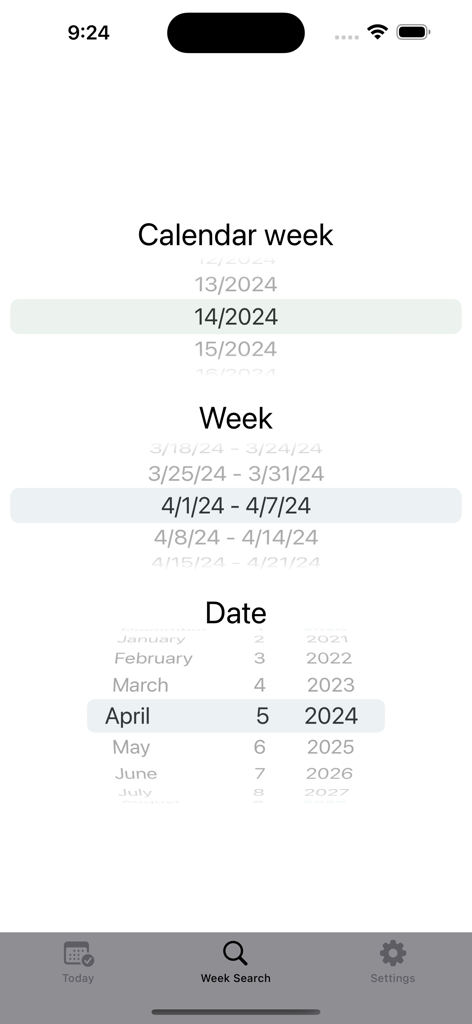 Interface for searching week numbers and corresponding dates in Week Number Pro