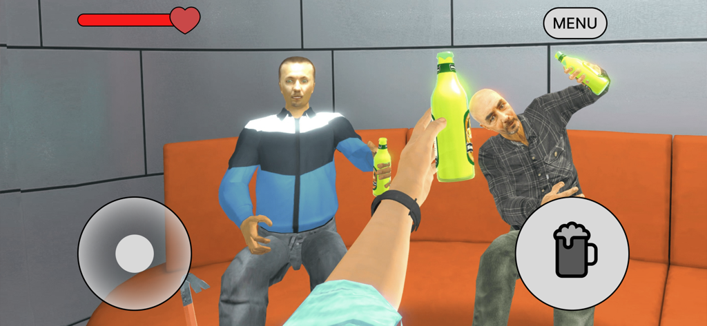 First person view of gameplay in Nightclub Simulator showing a player holding a bottle while interacting with other characters on a couch.