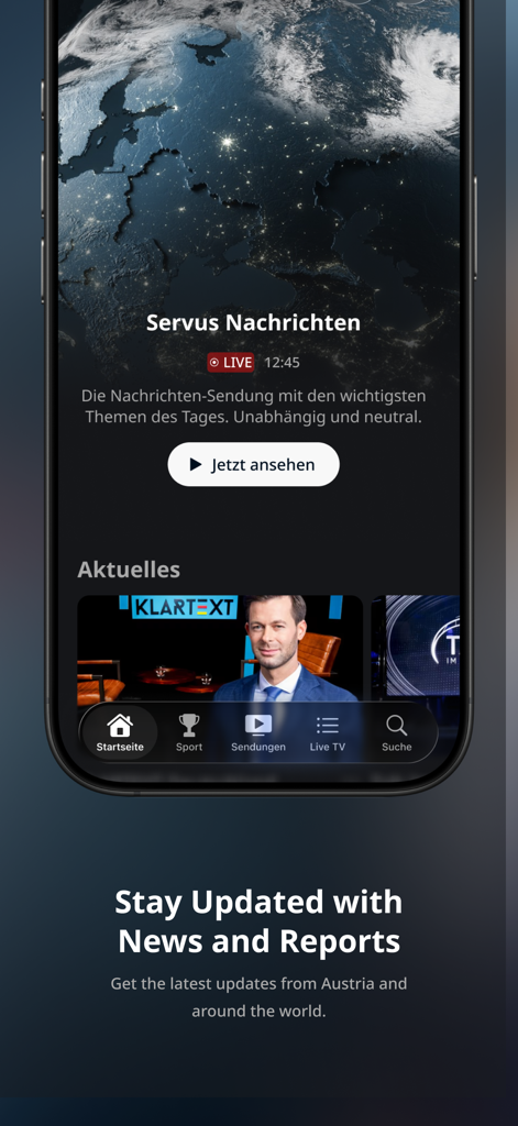 A mobile interface of ServusTV On showing live news coverage and current reports.