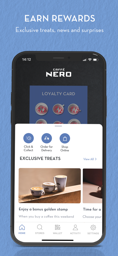 Caffè Nero app home screen featuring a digital loyalty card and exclusive treats rewards