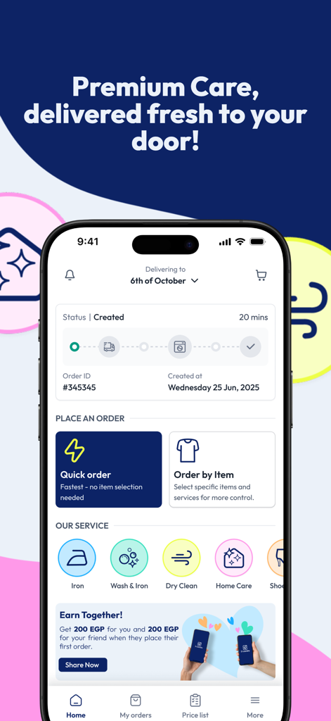 Z-Laundry - Z-Laundry App Startbildschirm mit Echtzeit-Auftragsverfolgung und Wäscheservice-Optionen