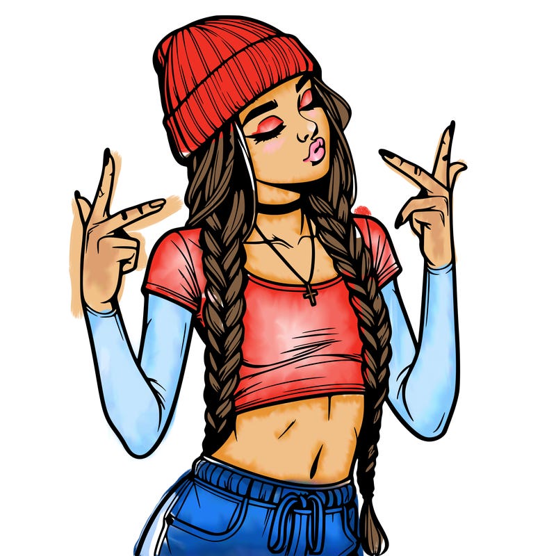 realistic teenage girl with braids and a beanie and crop top doing 🫶🏼