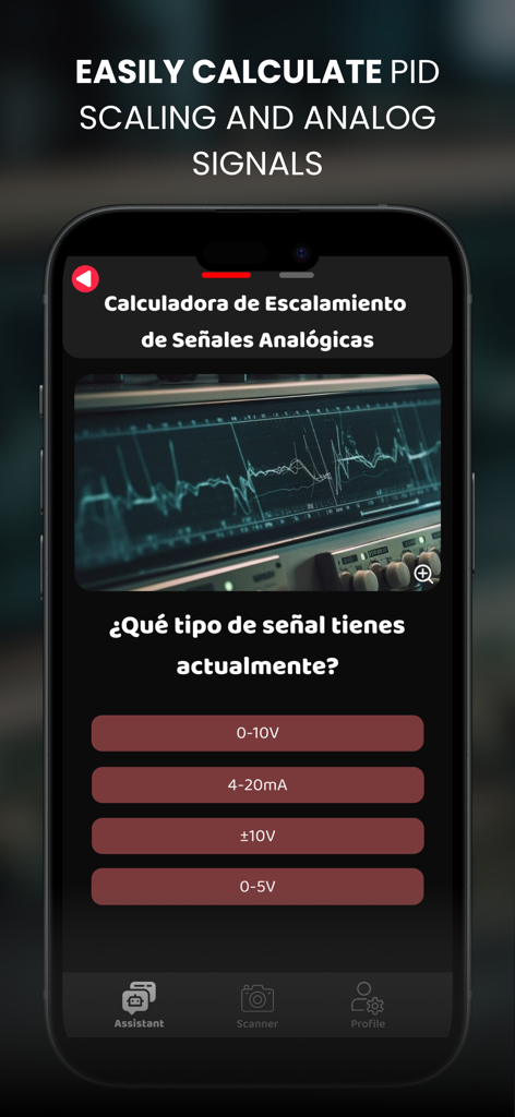 Interfaz de la aplicación PLC AI que muestra una calculadora de escalado de señales analógicas con opciones para señales de 4-20mA y 0-10V