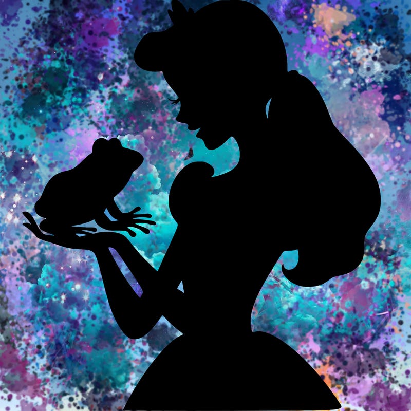 a shadow of a princess holding a frog realistic