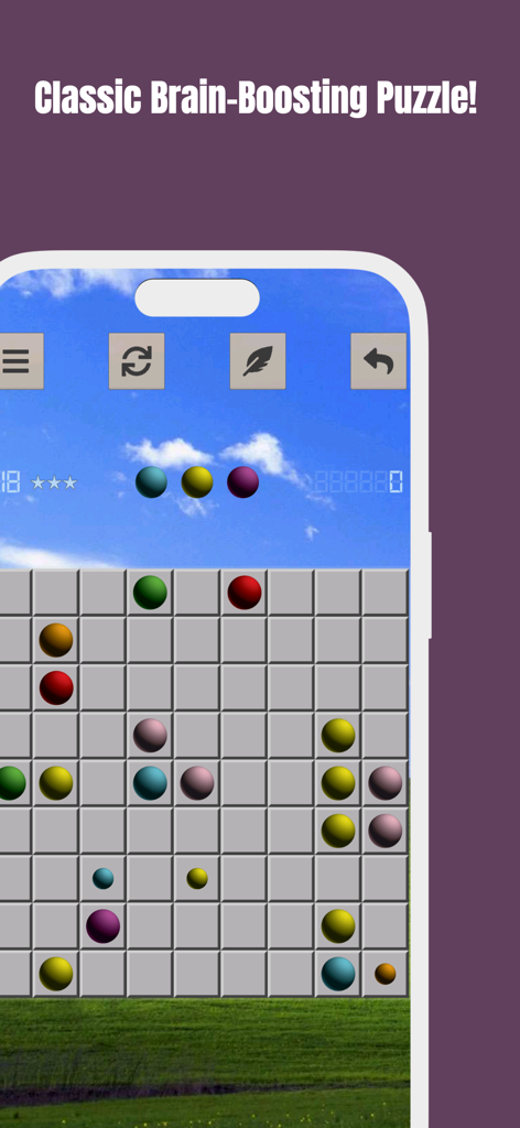 Gameplay screen of Line 98 Color Lines showing a grid of colorful balls and a scenic background.