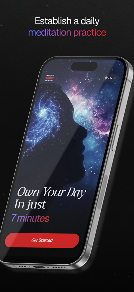 Miracle of Mind Sadhguru app welcome screen for 7 minute daily meditation