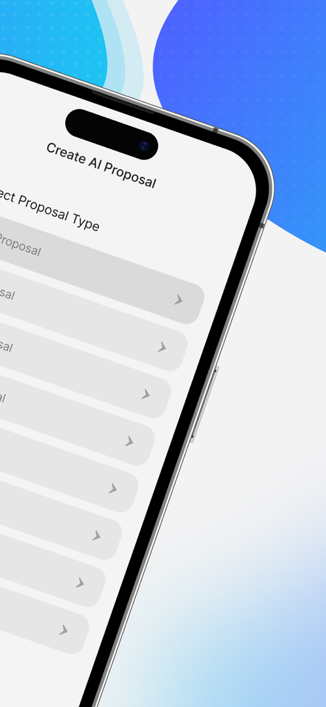 AI Business Proposal Generator - Interface móvel para selecionar diferentes tipos de propostas comerciais no aplicativo Gerador de Propostas Comerciais com IA.