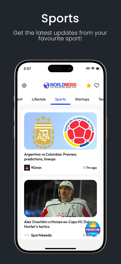 World News: Breaking News App - Interfaz de la aplicación Noticias Mundiales que muestra el feed de noticias de la categoría deportiva.