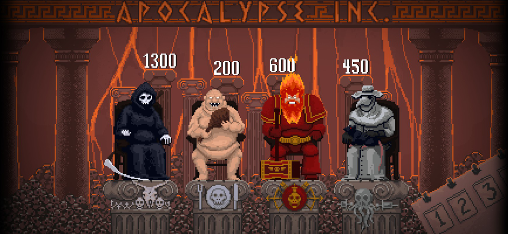 Four pixel art characters representing the Horsemen sitting on pedestals inside Apocalypse Inc
