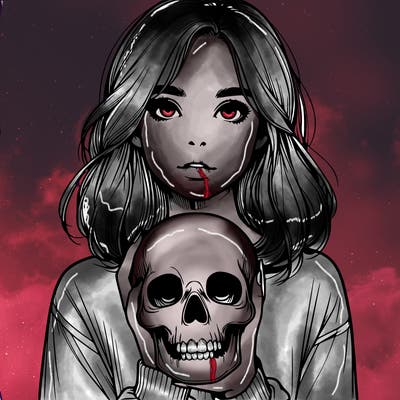 realistic girl holding a skull