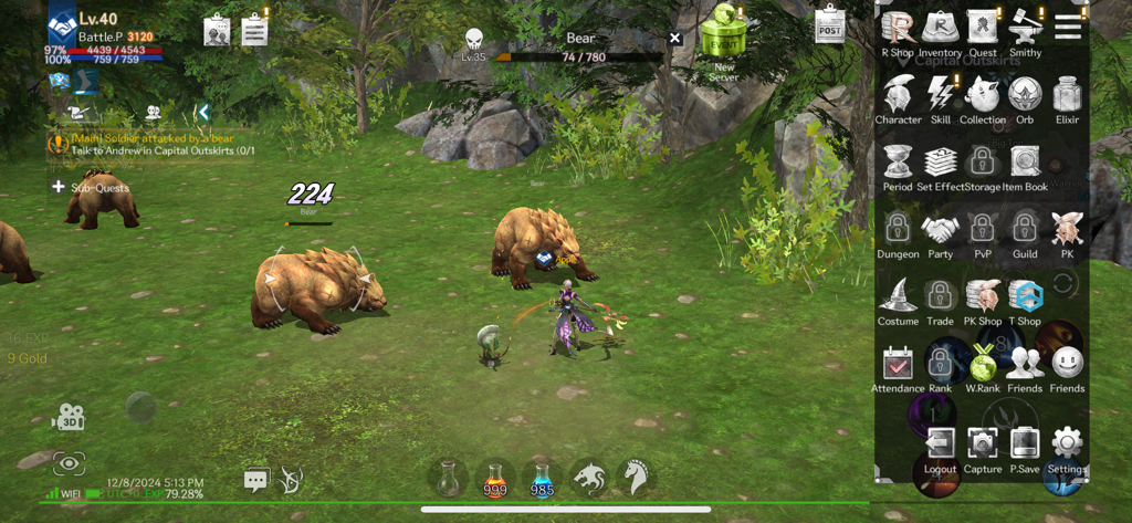 RebirthM - Screenshot di gioco di RebirthM che mostra un personaggio che combatte contro orsi in un open field con un'interfaccia utente estesa