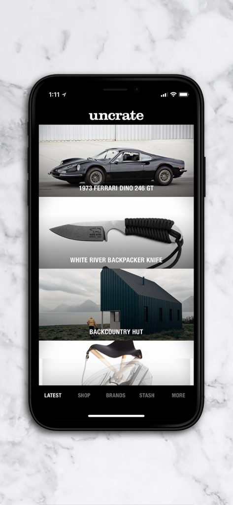 Uncrate mobile app displaying a curated list of gear style and architecture