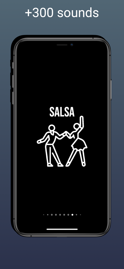 DJ Jam Producer - Groove pad - Pantalla de un smartphone de la aplicación DJ Jam Producer mostrando la categoría de música salsa y más de 300 sonidos