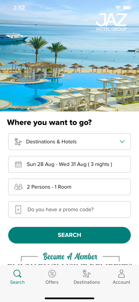 Tela de pesquisa do aplicativo JAZ Hotel Group com um fundo de resort de luxo